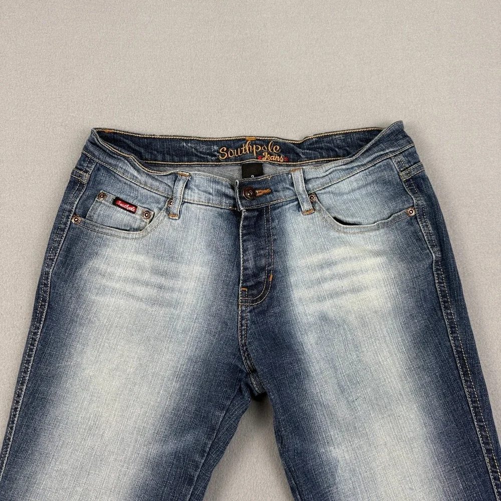 Southpole Flare Jeans Womens Sz‎ 9 Y2K Low Rise Bootcut Stretch Denim Front Fade